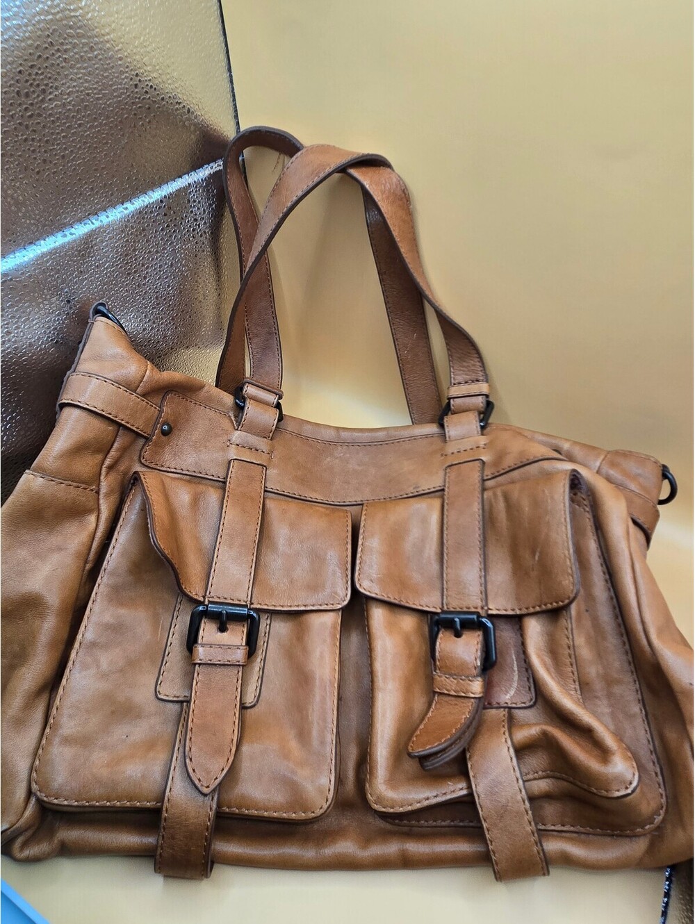 Halogen Soft Tan Leather Pocket Tote Shoulder Bag Satchel Buckle Detail